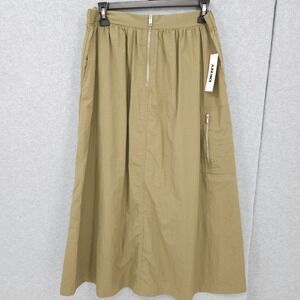 DKNY Perforated Zip Front Midi Olive Zip Eyelet Skirt Womens Size M NWT